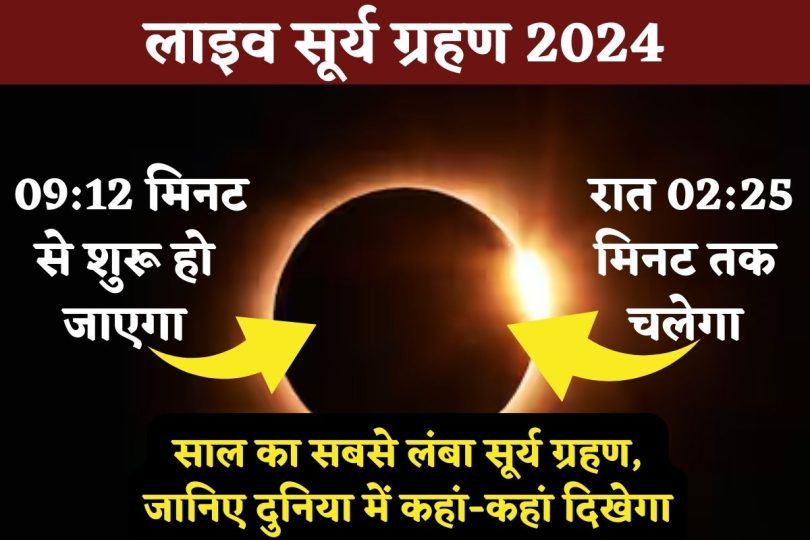 LIVE Surya Grahan 2024 : 09:12 मिनट से लगेगा साल का सबसे लंबा सूर्य ग्रहण, जानिए दुनिया में कहां-कहां दिखेगा